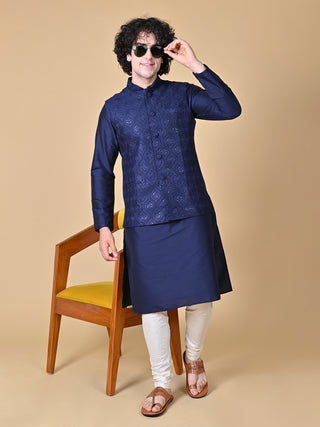 Men's Navy Blue Embroidered Kurta & Jacket Set