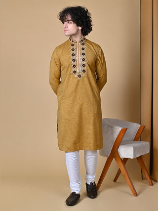 Maahi Fabs Mustard Cotton Blend Embroidery Kurta and Pajama